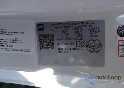 2023 Chevrolet Camaro Lt1 z USA, uszkodzony, nr VIN 1G1FF1R73P0157779